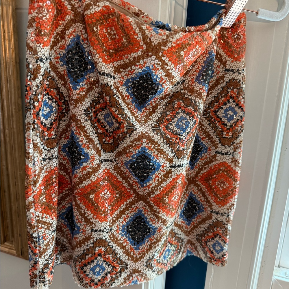 Jella Couture Sequin Geometric Mini Skirt in Orange, Blue, Black, Cream